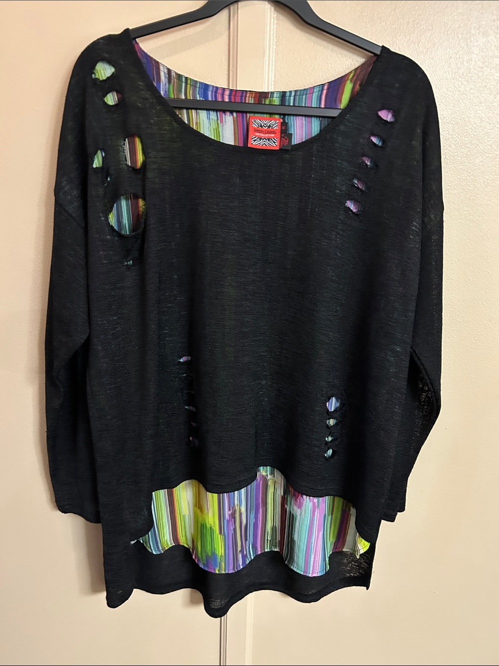 Simon Chang Black Knit Top with Multicolor Stripe Underlay